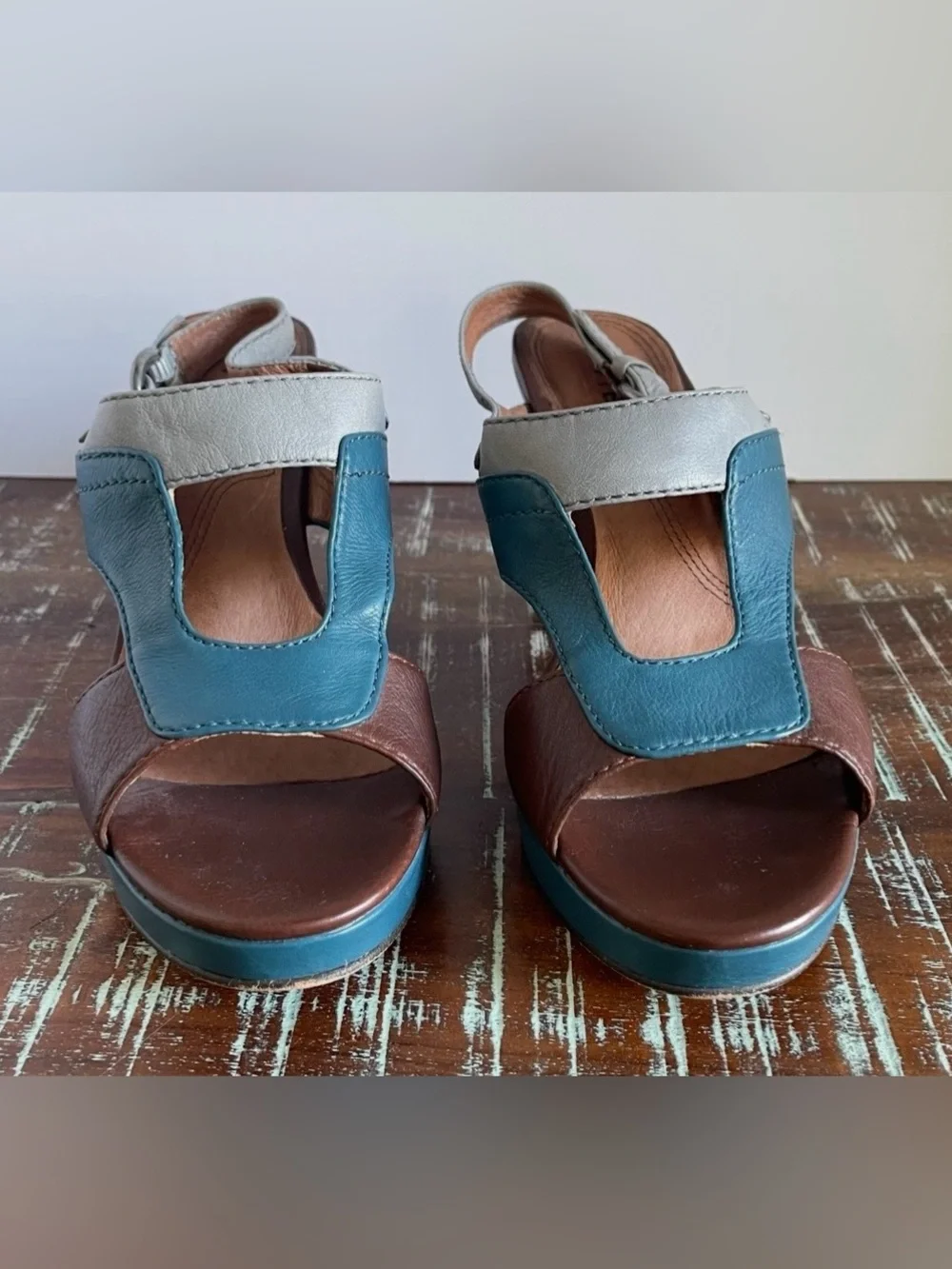 BIVIEL Leather Wedge Sandals in Blue, Brown & Gray